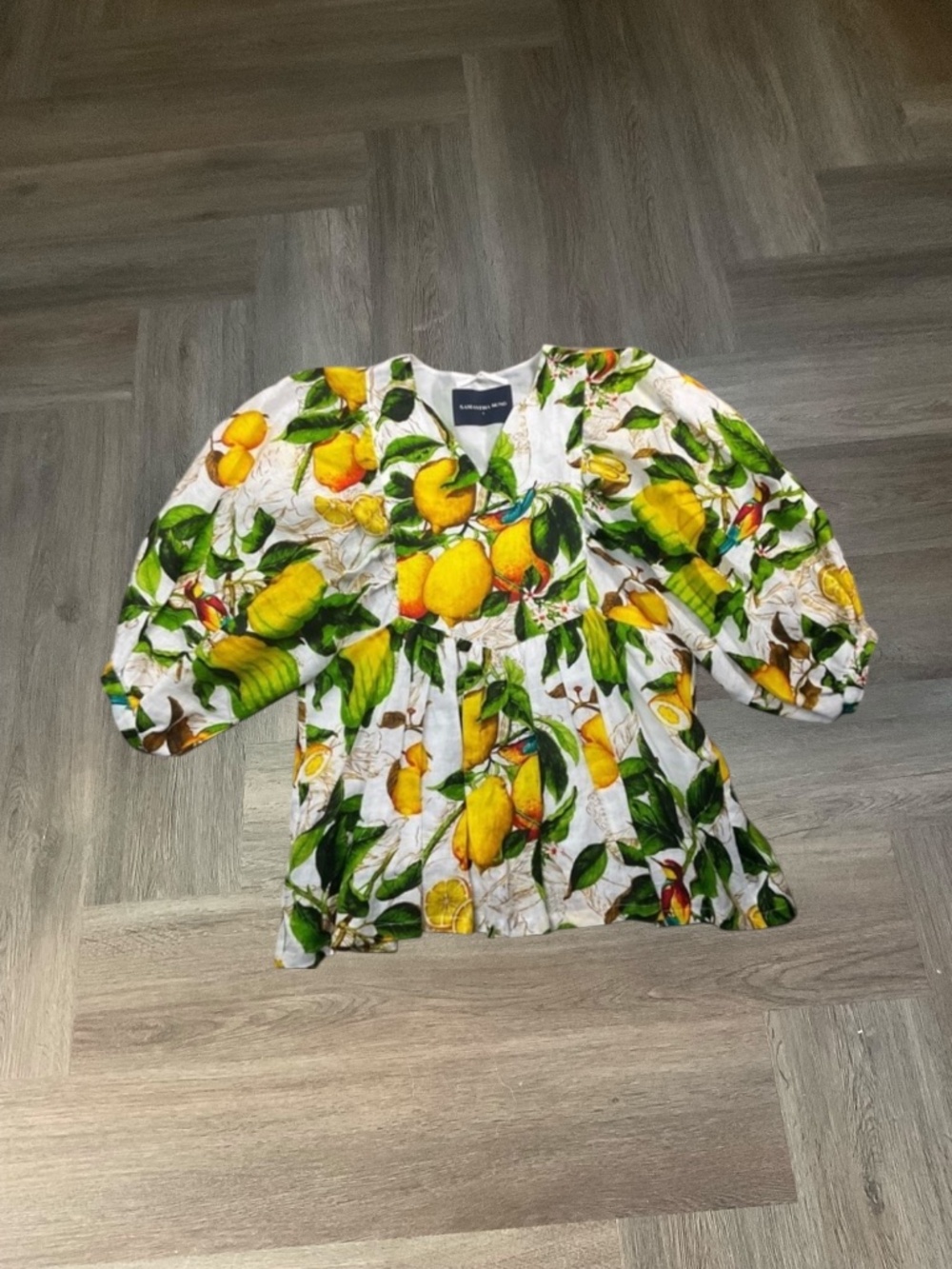 Samantha Sung Lemon Tuscani Linen Puff‎ Sleeve Top Womens 2 Small White Yellow